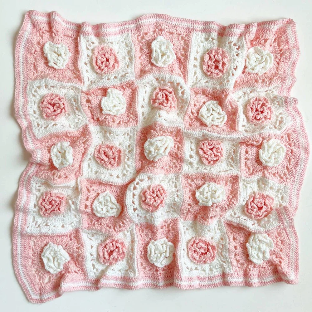 Vintage Handmade Granny Square Rosettes Baby Throw Blanket - Picture 1 of 4